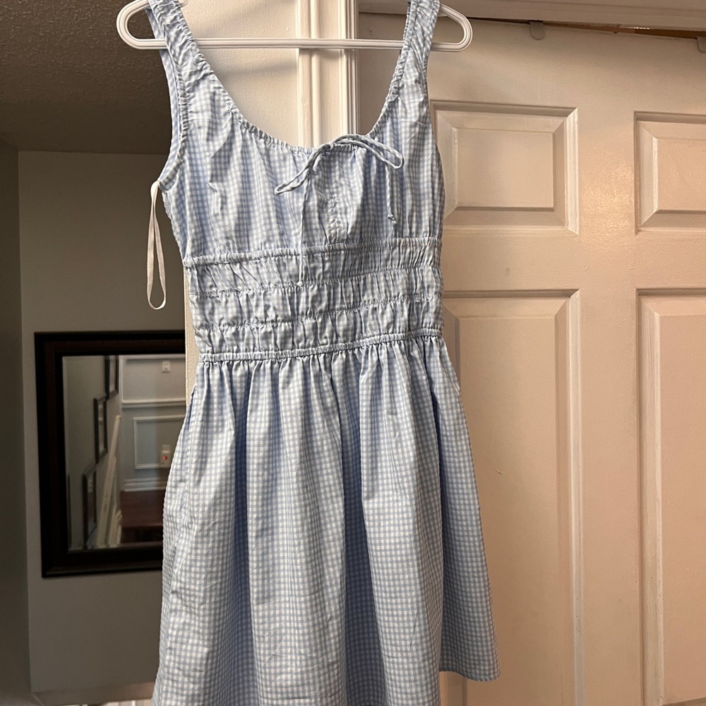 Blue Gingham Smocked Mini Dress with Tie Front